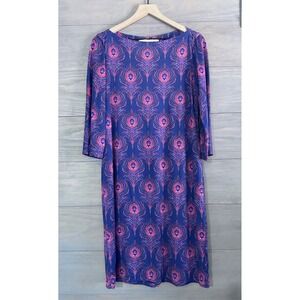 Lesley Evers Arden Peacock print shift Dress Women size Large Large Double Lined